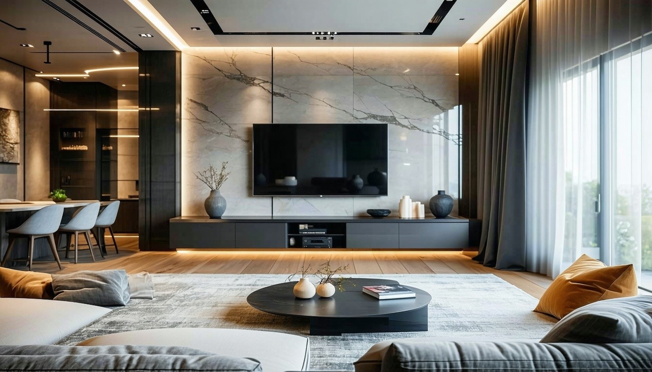 A modern living room with a sleek Smart TV mounted